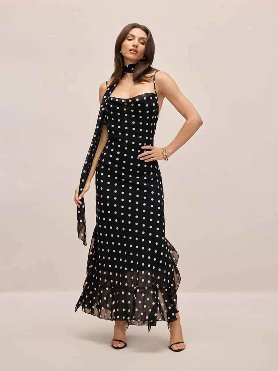 Adelia Sleeveless Polka Dot Scarf Collar Ruffled Maxi Dress