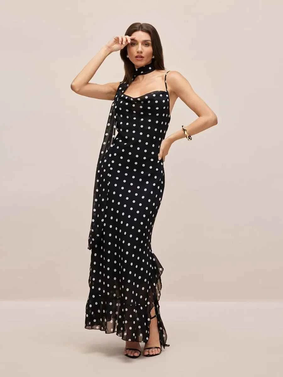 Adelia Sleeveless Polka Dot Scarf Collar Ruffled Maxi Dress