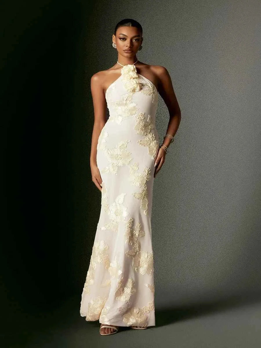 Aeby Cream Floral Halter Neck Mermaid Gown