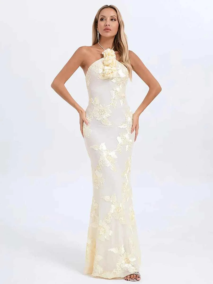Aeby Cream Floral Halter Neck Mermaid Gown