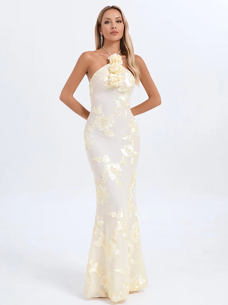 Aeby Cream Floral Halter Neck Mermaid Gownmaxi dressCelidiorCelidiorCJLY286986301AZnull