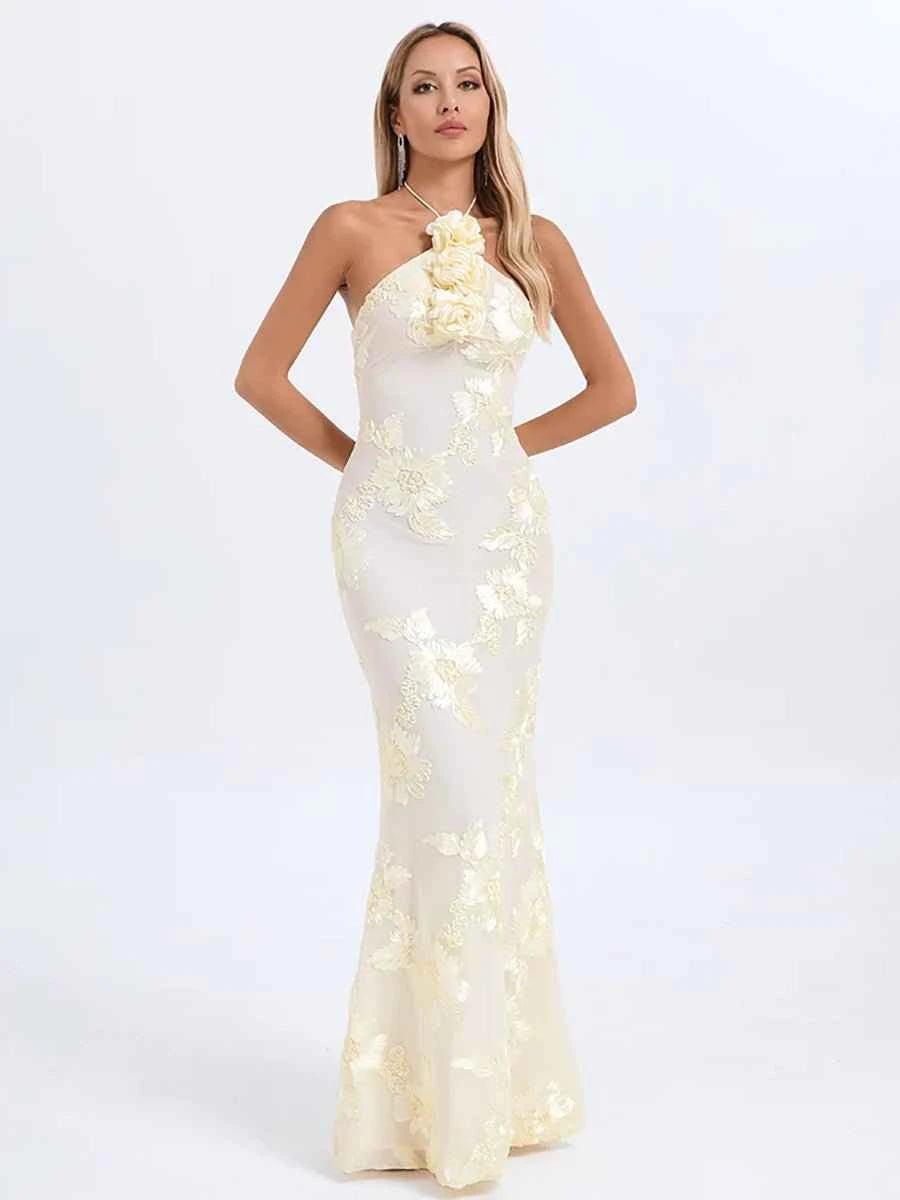 Aeby Cream Floral Halter Neck Mermaid Gown