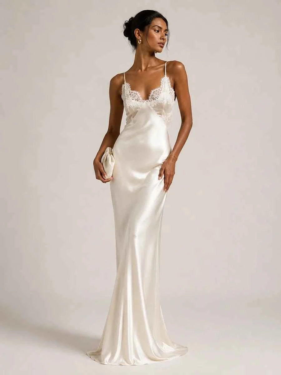 Aenessa V-neck Lace Panel Long Satin Slip Dress