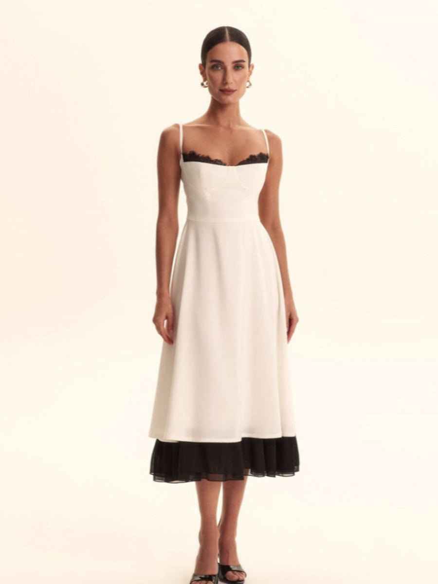 Aishima Elegant Lace Trim A-line Midi Dress