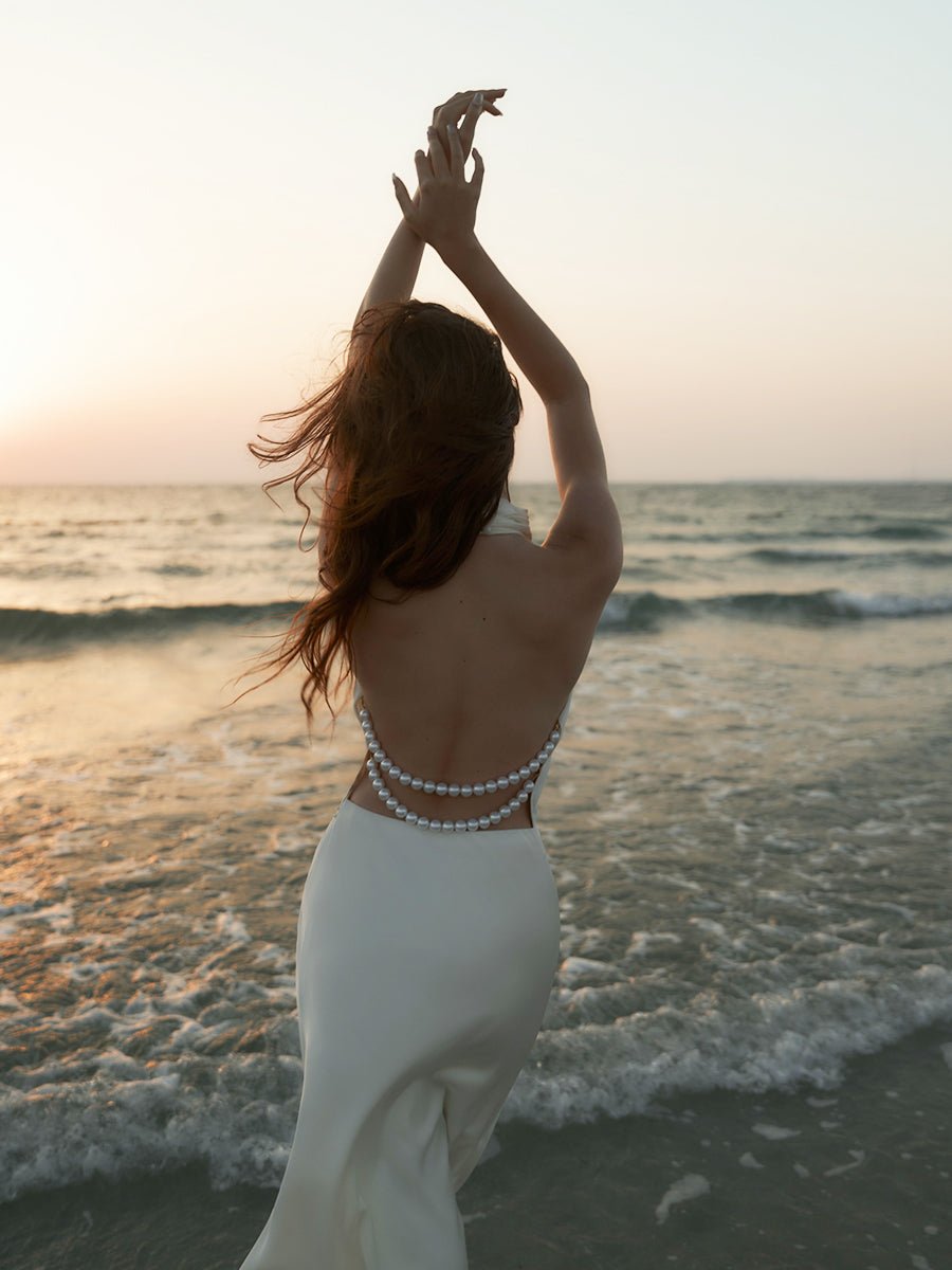 Akelsey Satin Sexy V-Neck Pearl Backless Halter Dressmaxi dressCelidiorCelidiorCJLY258430101AZnull