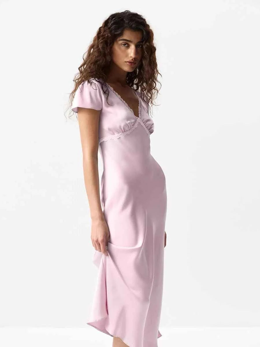 Aliyah Satin V Neck Lace Matched Dress