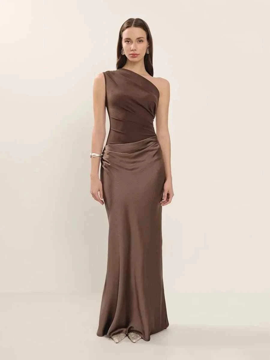 Allilope Crossbody Pleated Stitching Satin Dress