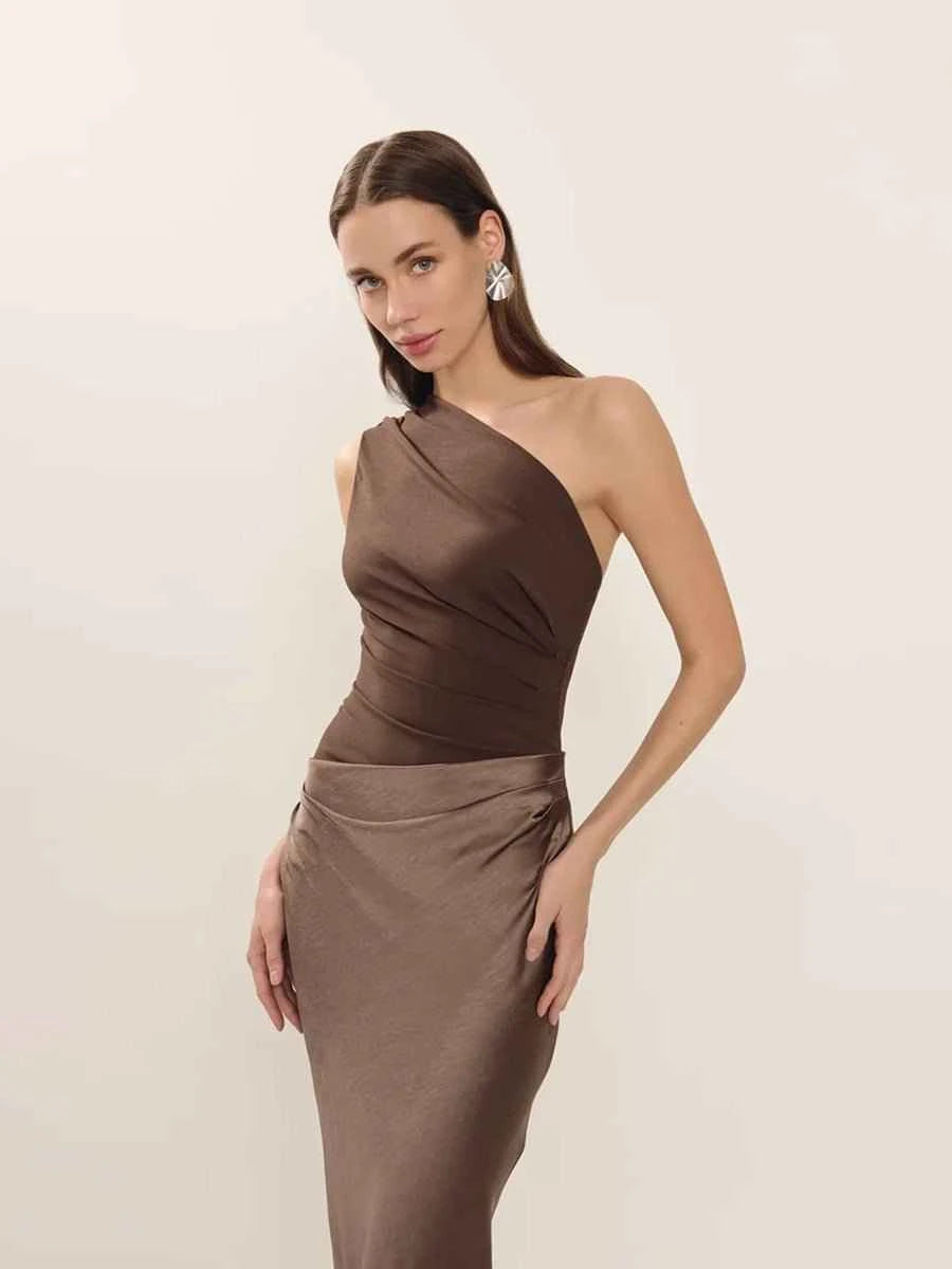 Allilope Crossbody Pleated Stitching Satin Dress