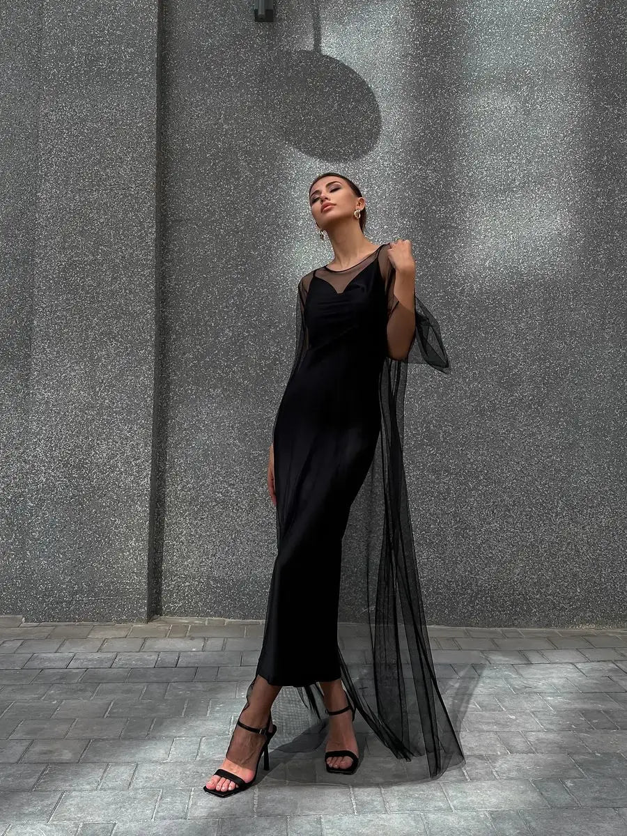Amara Satin Solid Color Swinging Collar Evening Dress - Celidior