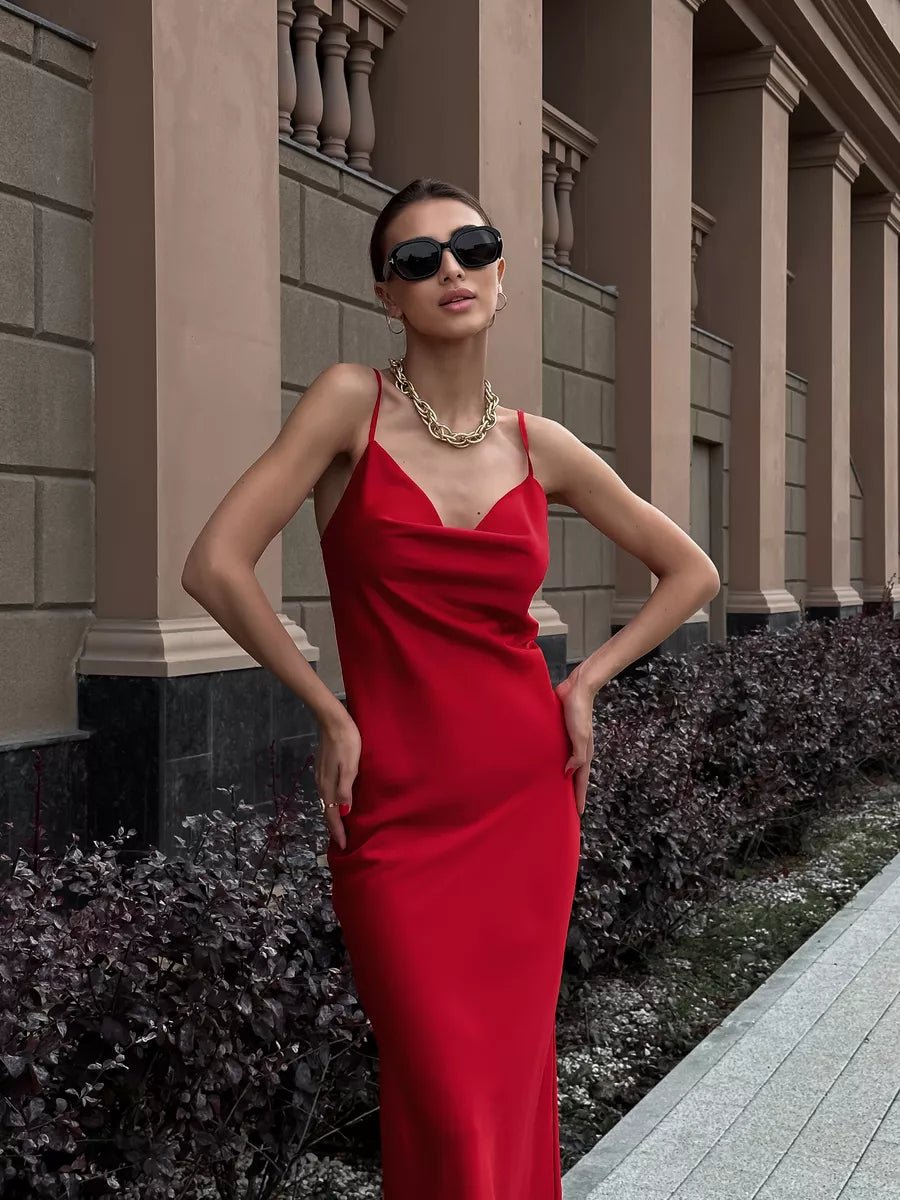 Amara Satin Solid Color Swinging Collar Evening Dress - Celidior