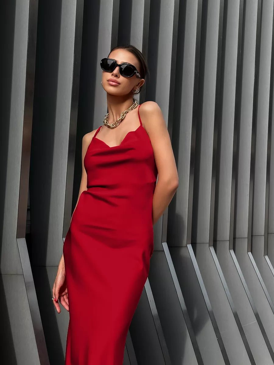 Amara Satin Solid Color Swinging Collar Evening Dress - Celidior