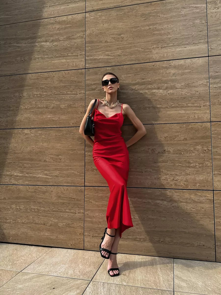 Amara Satin Solid Color Swinging Collar Evening Dress - Celidior