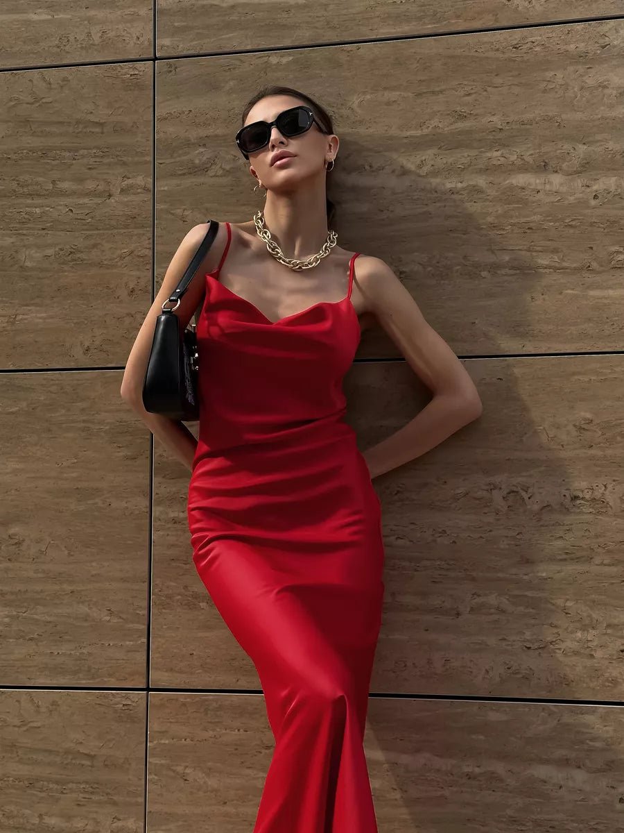 Amara Satin Solid Color Swinging Collar Evening Dress - Celidior