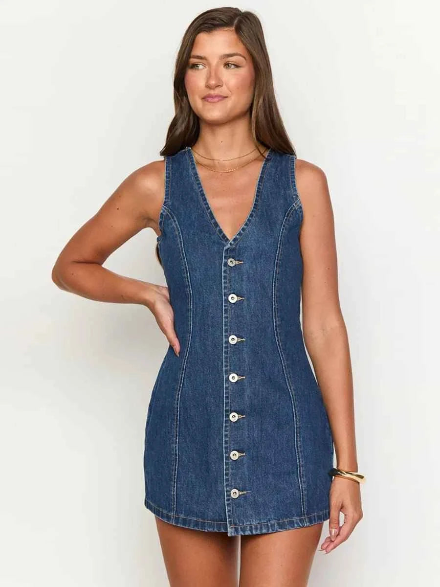 Ashita Summer Elegant Denim V Neck Dress