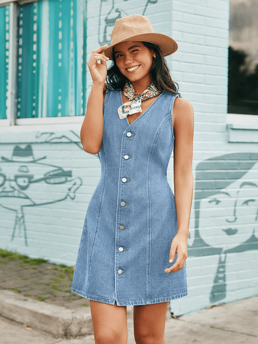 Ashita Summer Elegant Denim V Neck Dressmini dressCelidiorCelidiorCJLY312434205EVnull