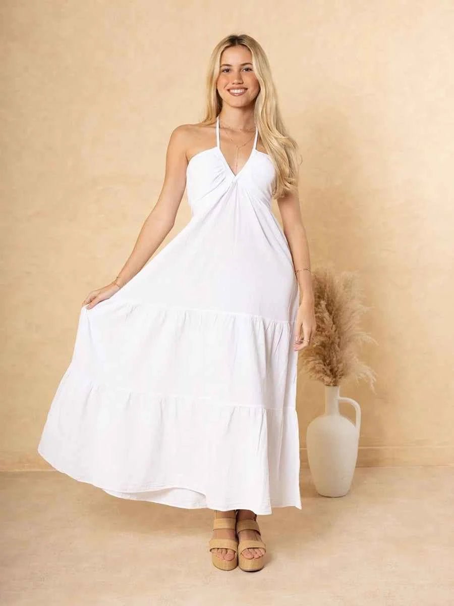 Astraea Backless Halterneck V-Neck Pleated A- Line Dress - Celidior