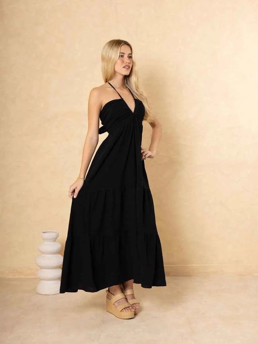 Astraea Backless Halterneck V-Neck Pleated A- Line Dress - Celidior