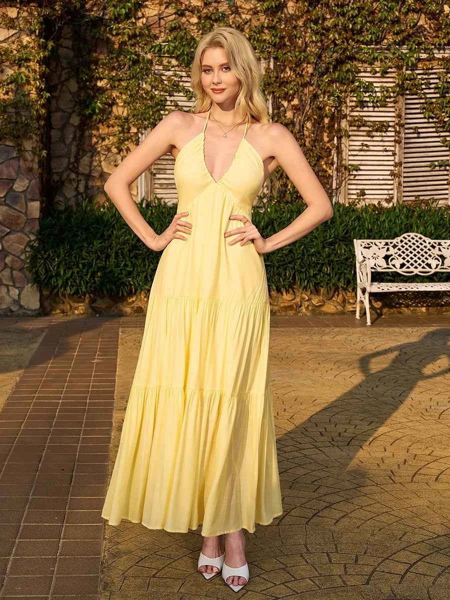 Astraea Backless Halterneck V-Neck Pleated A- Line Dress - Celidior