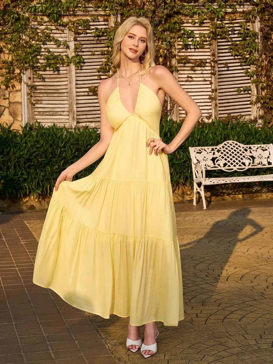 Astraea Backless Halterneck V-Neck Pleated A- Line Dress - Celidior