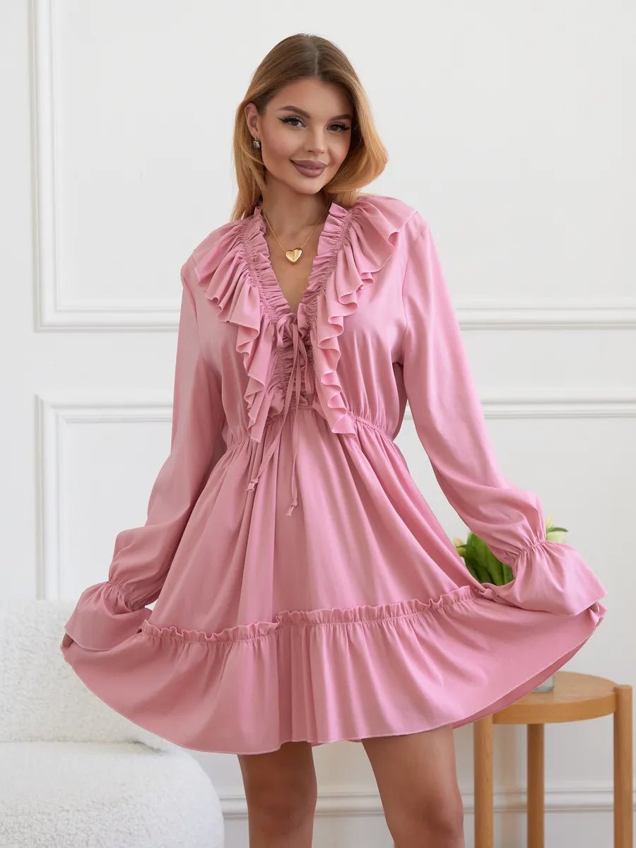 Avery V Neck Pleated Ruffle Long Sleeve Dressmini dressCelidiorCelidiorCJLY208968310JQ