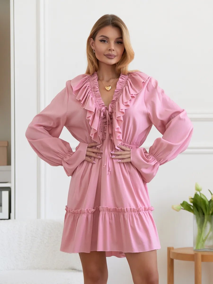 Avery V Neck Pleated Ruffle Long Sleeve Dressmini dressCelidiorCelidiorCJLY208968310JQ