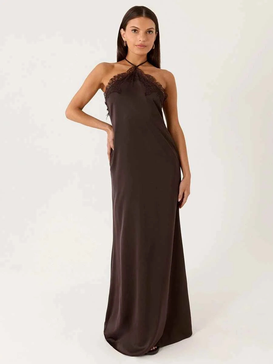 Azel Lace Spliced Backless Slip Dress