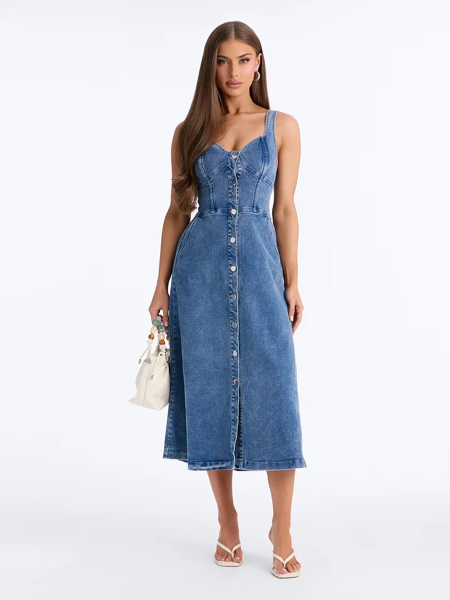 Calliope Women's Denim Buckle Strap Midi Dress - Celidior