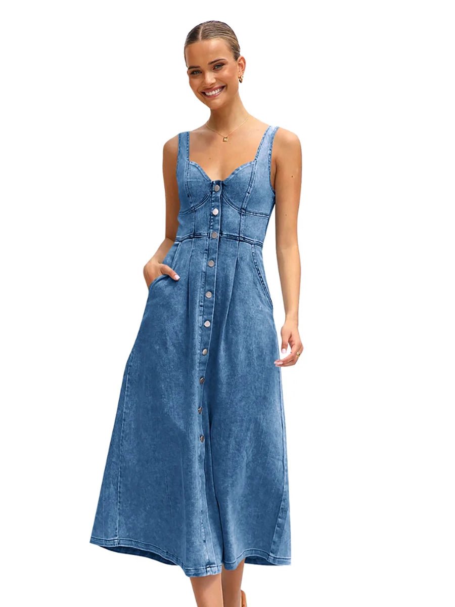Calliope Women's Denim Buckle Strap Midi Dress - Celidior