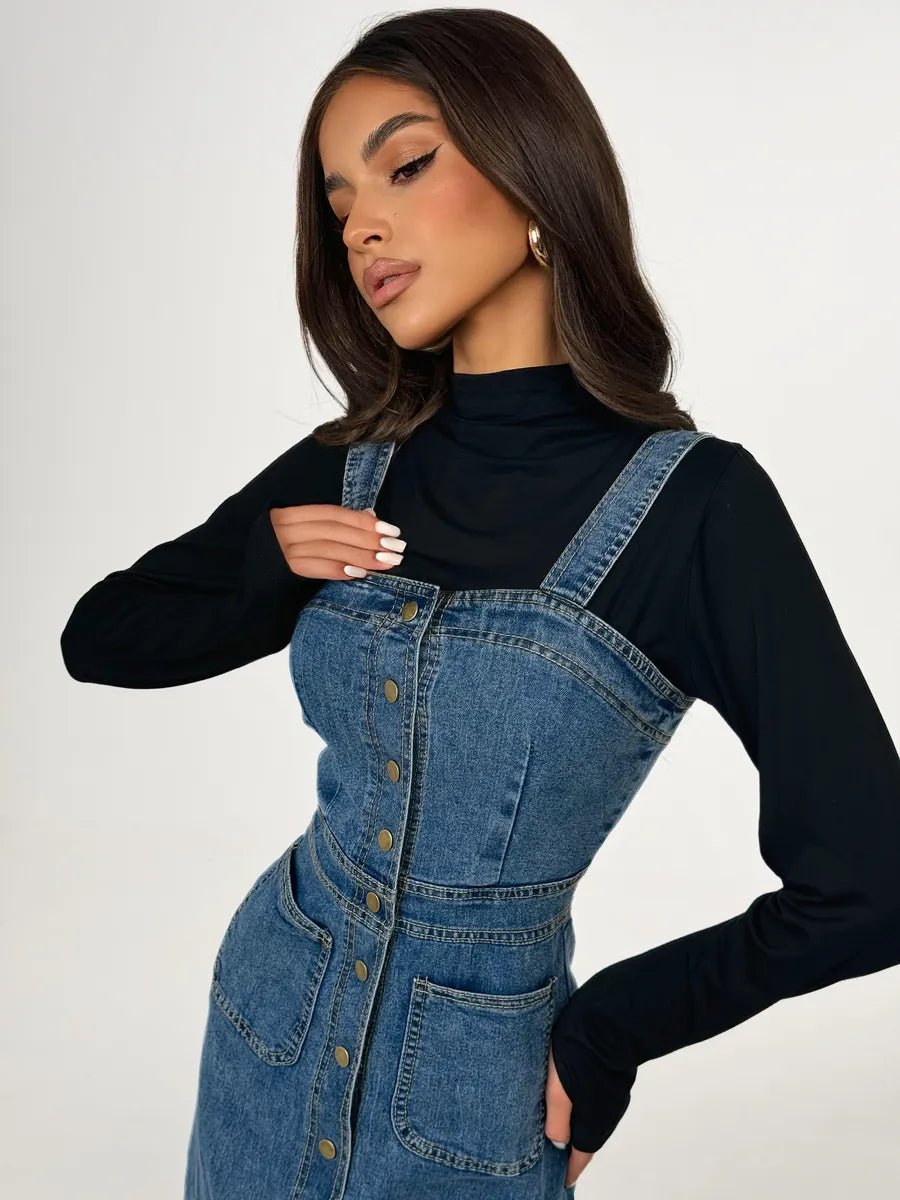 Calypso Denim Dress With Straps And Buttons - Celidior