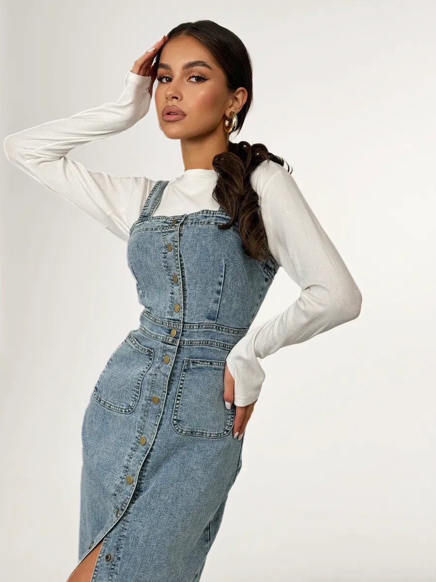 Calypso Denim Dress With Straps And Buttons - Celidior