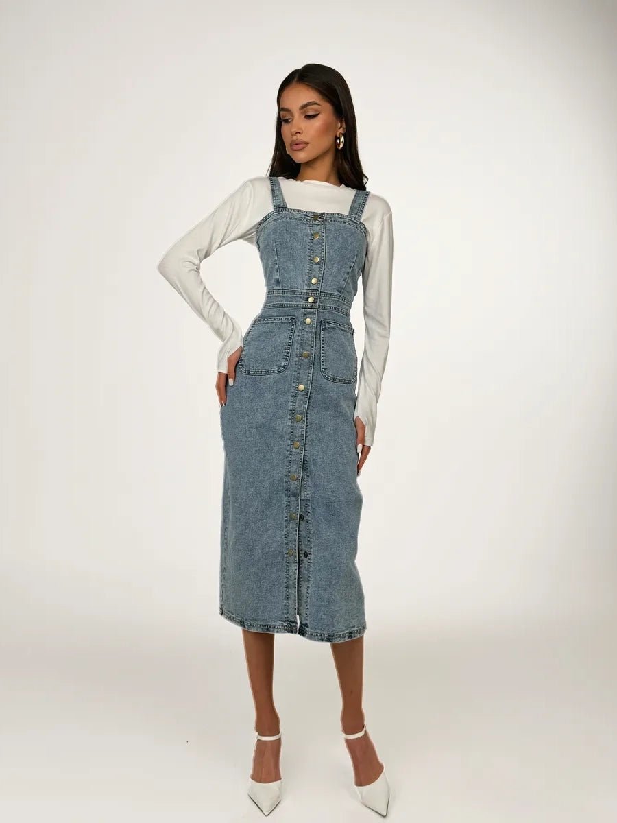 Calypso Denim Dress With Straps And Buttons - Celidior