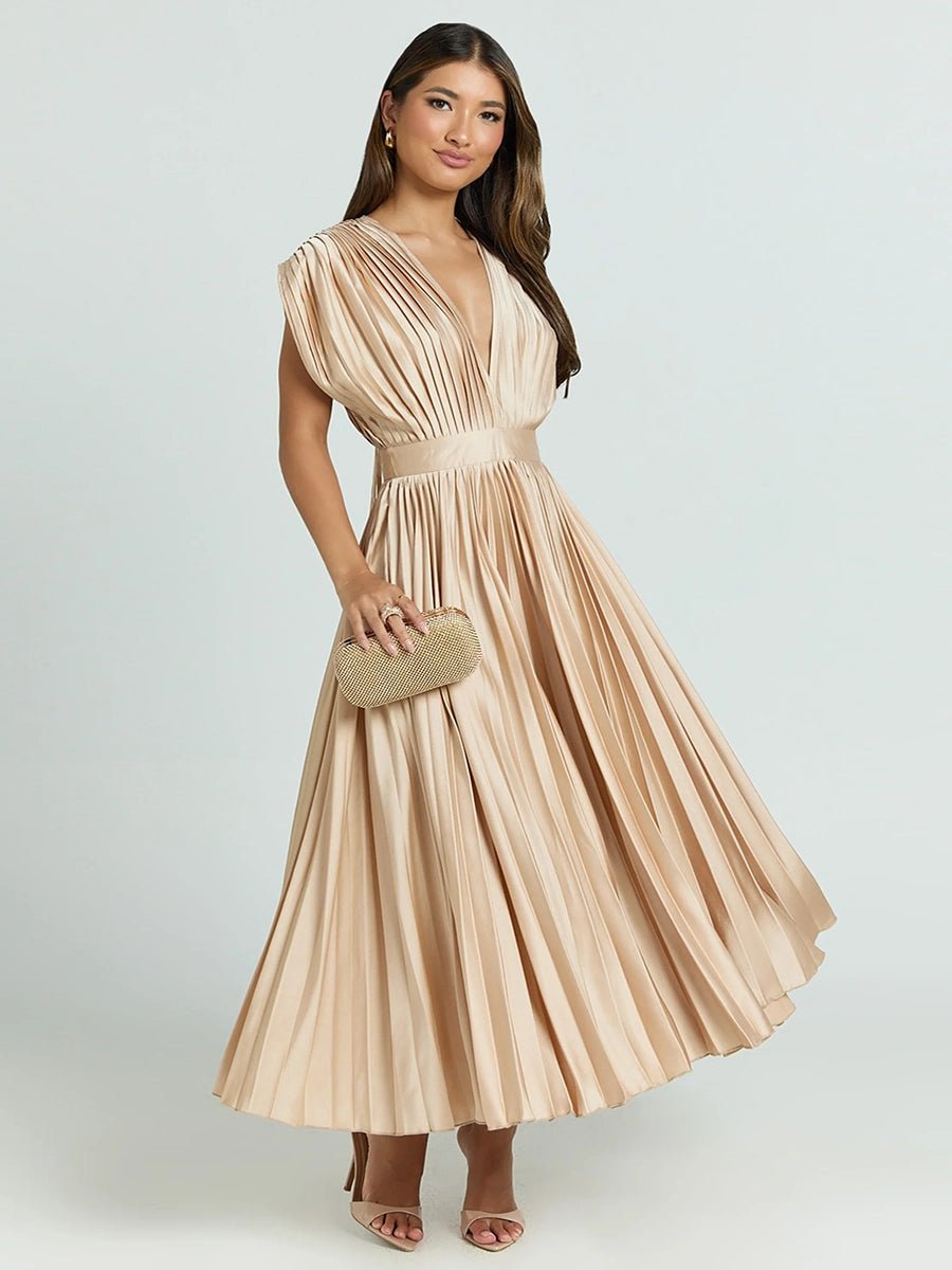 Nadine Summer V-neck Pleated Dress - Celidior