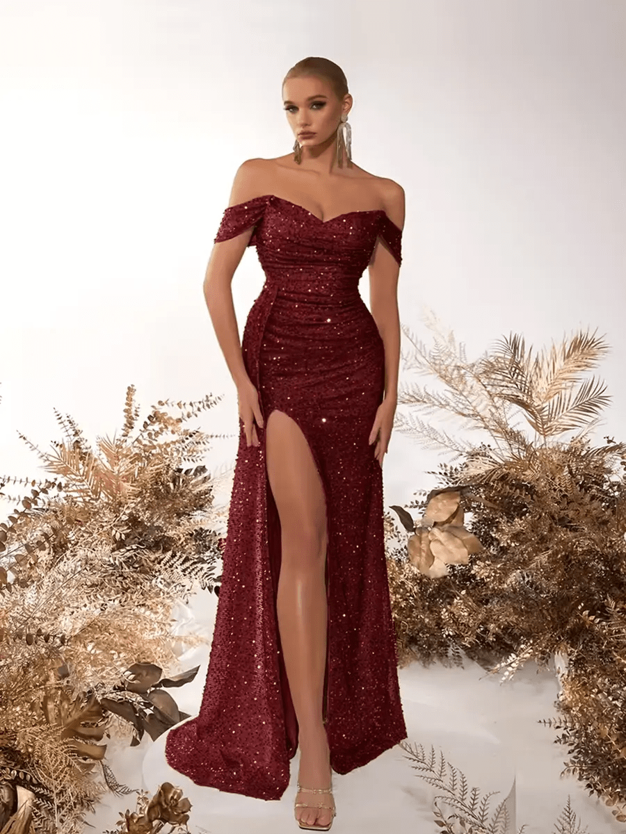 Yelena Party Sequins Off-neck Split Dress - Celidior