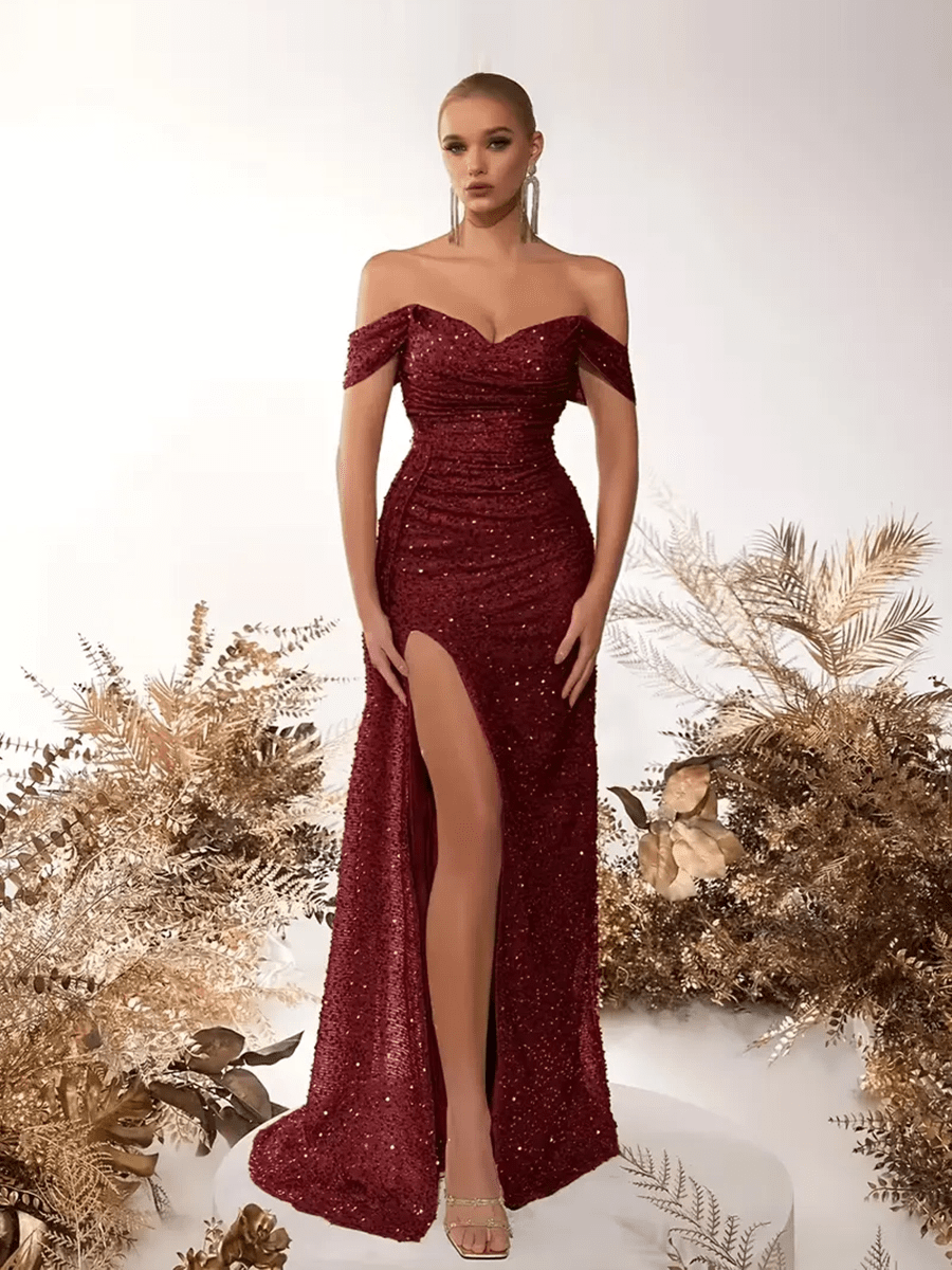 Yelena Party Sequins Off-neck Split Dress - Celidior
