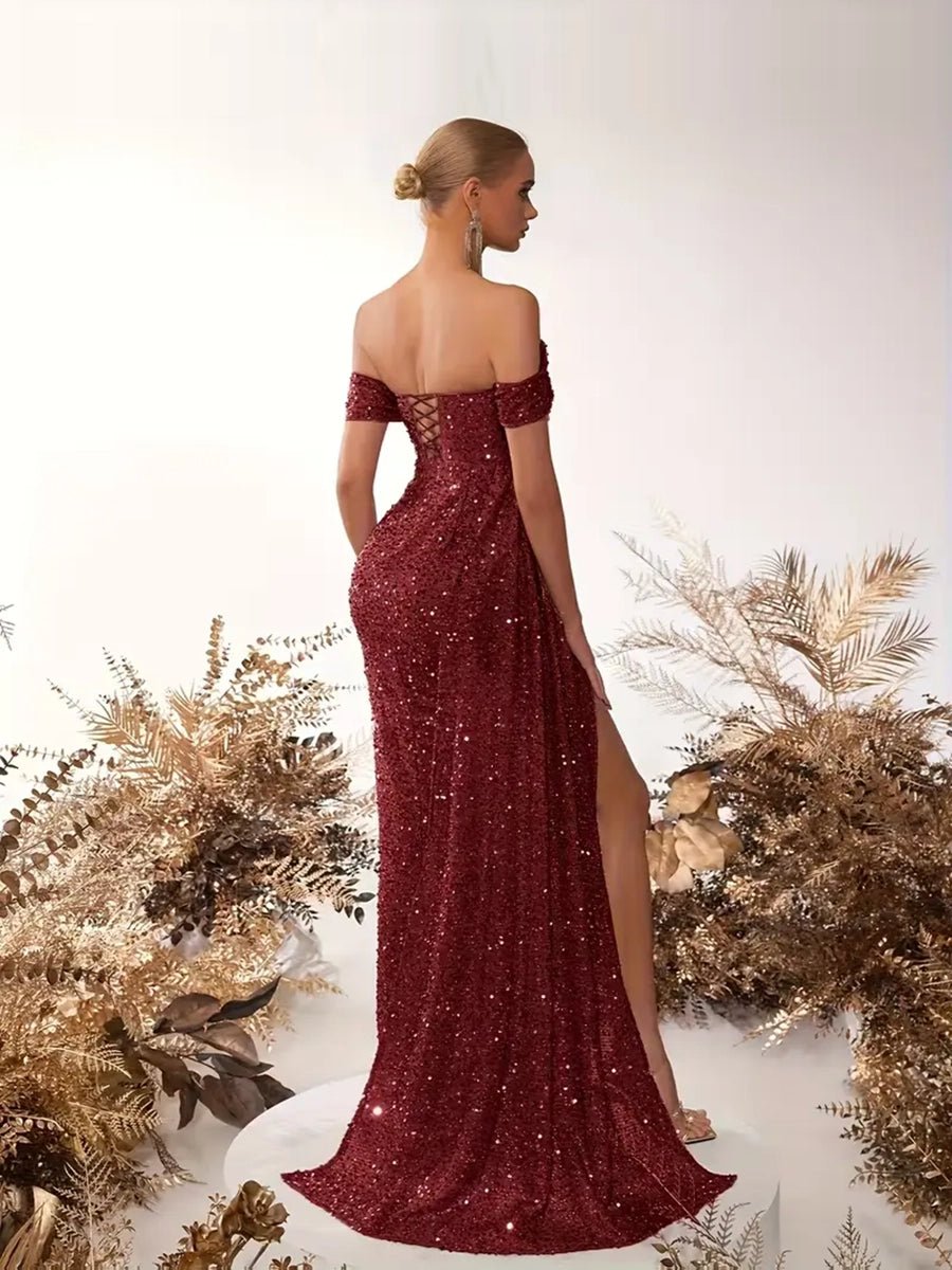 Yelena Party Sequins Off-neck Split Dress - Celidior