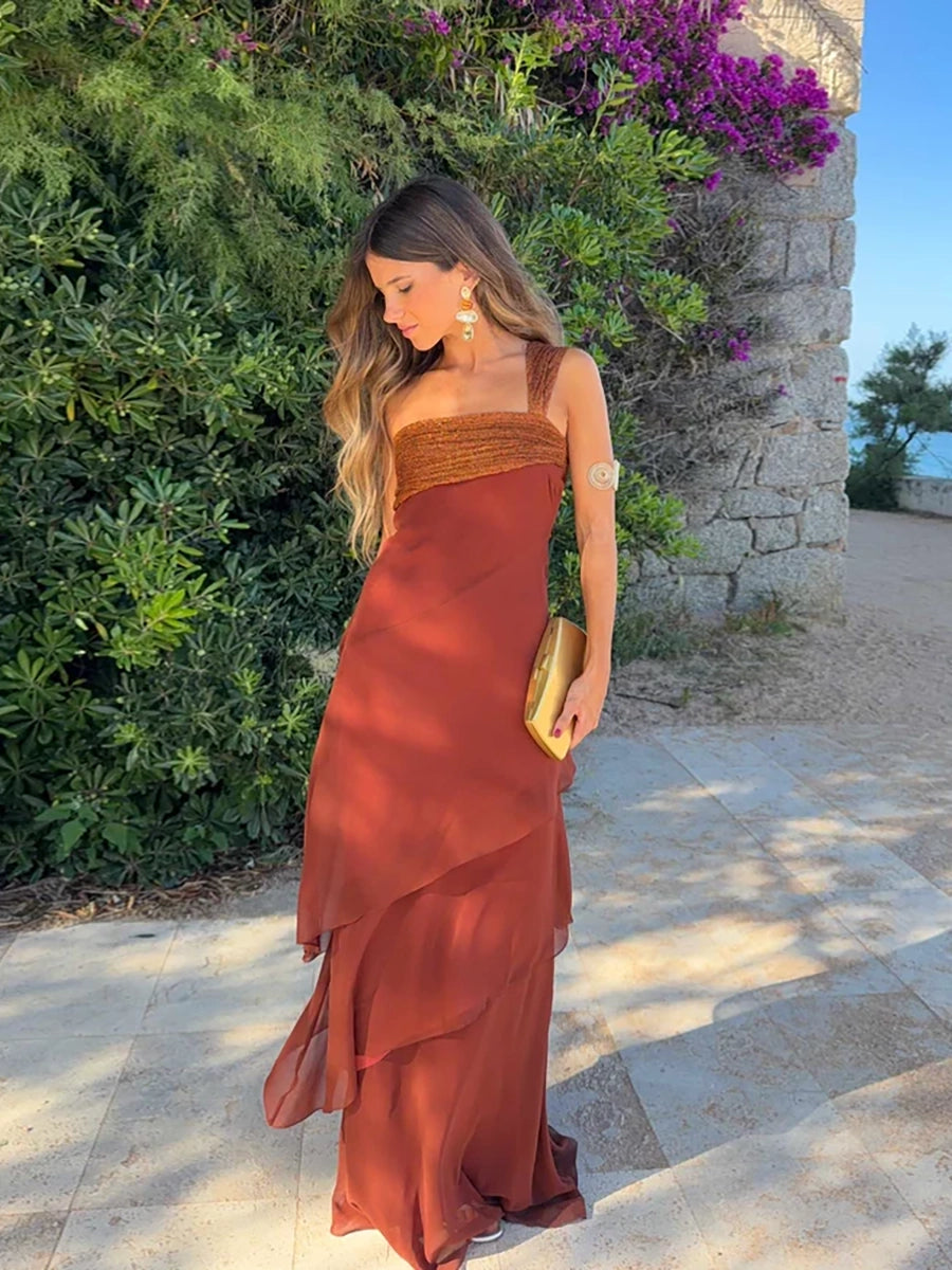 Abalina Sleeveless Cascading Ruffle Skew Collar Maxi Dress