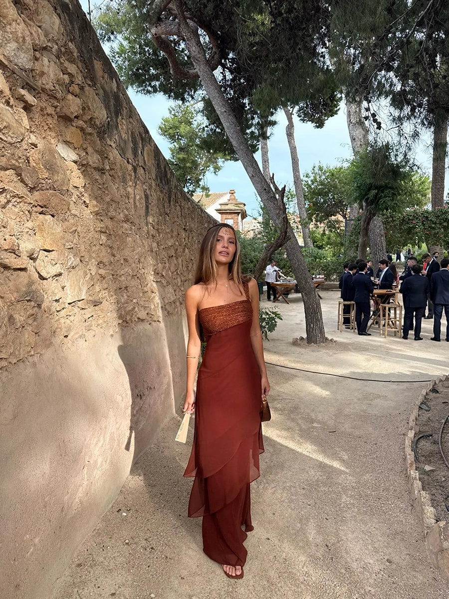Abalina Sleeveless Cascading Ruffle Skew Collar Maxi Dress