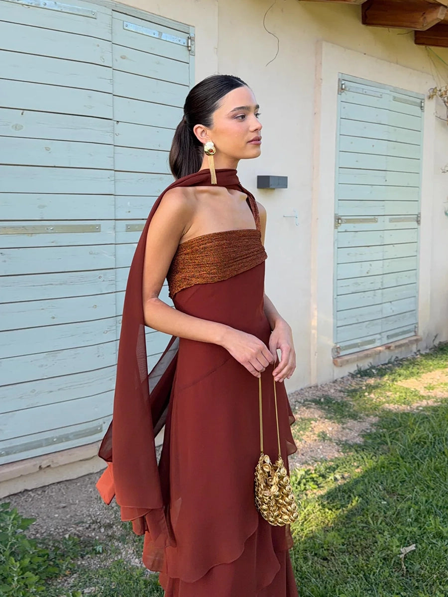 Abalina Sleeveless Cascading Ruffle Skew Collar Maxi Dress