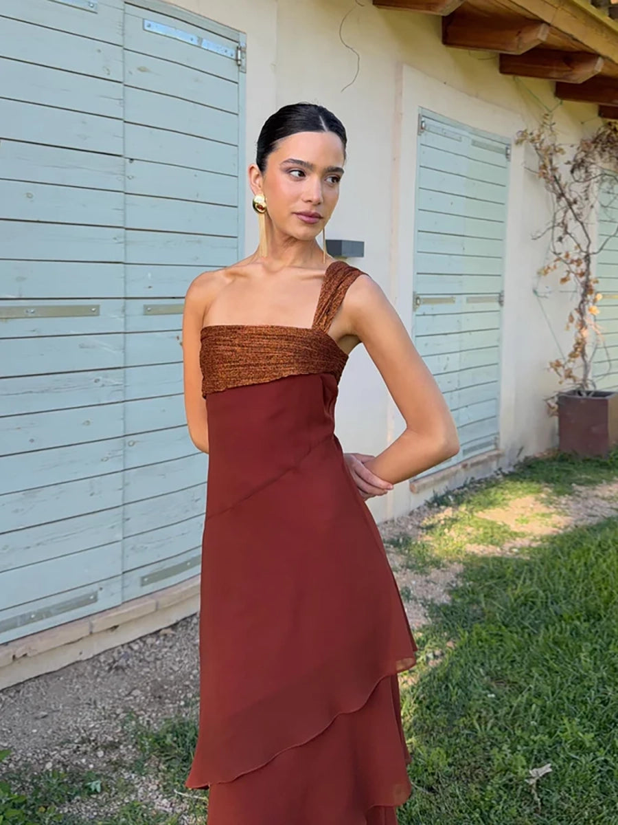 Abalina Sleeveless Cascading Ruffle Skew Collar Maxi Dress