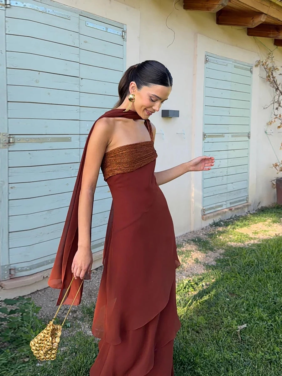 Abalina Sleeveless Cascading Ruffle Skew Collar Maxi Dress