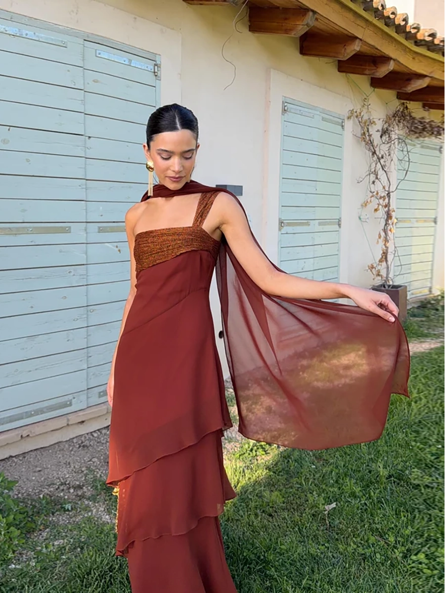 Abalina Sleeveless Cascading Ruffle Skew Collar Maxi Dress
