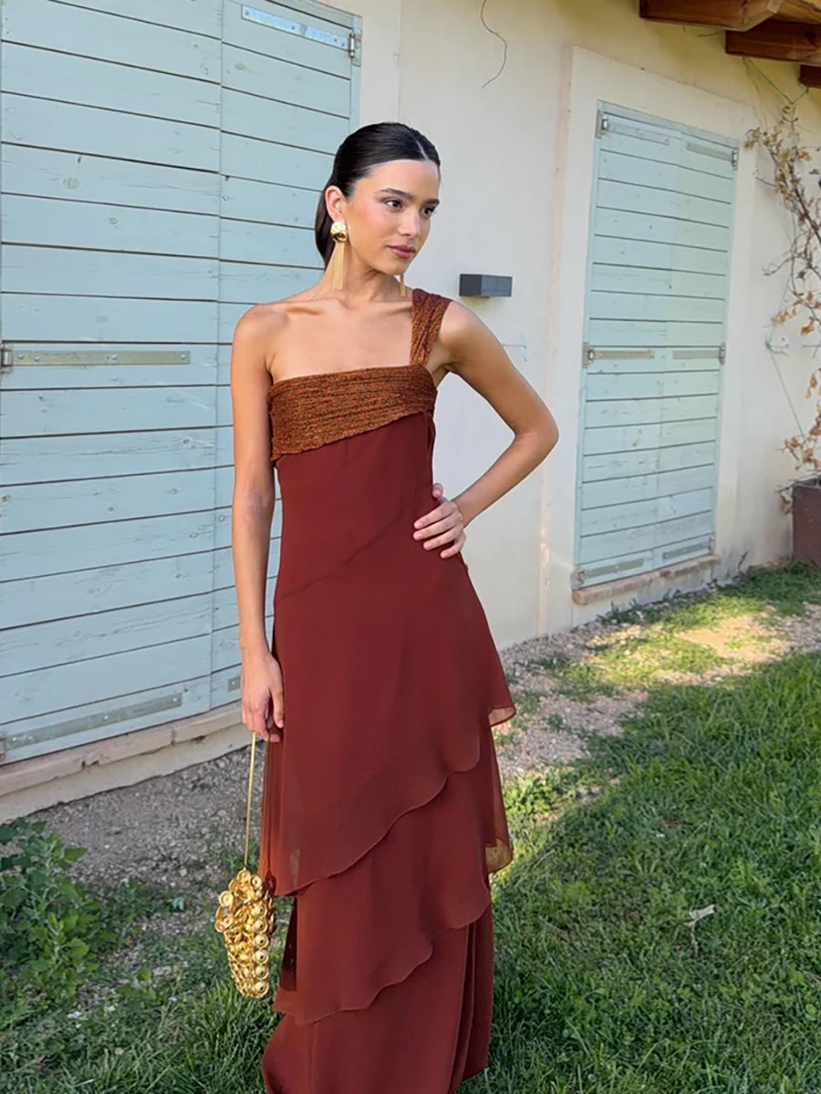 Abalina Sleeveless Cascading Ruffle Skew Collar Maxi Dress