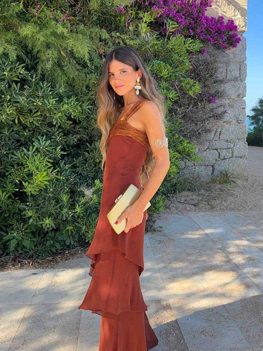Abalina Sleeveless Cascading Ruffle Skew Collar Maxi Dress
