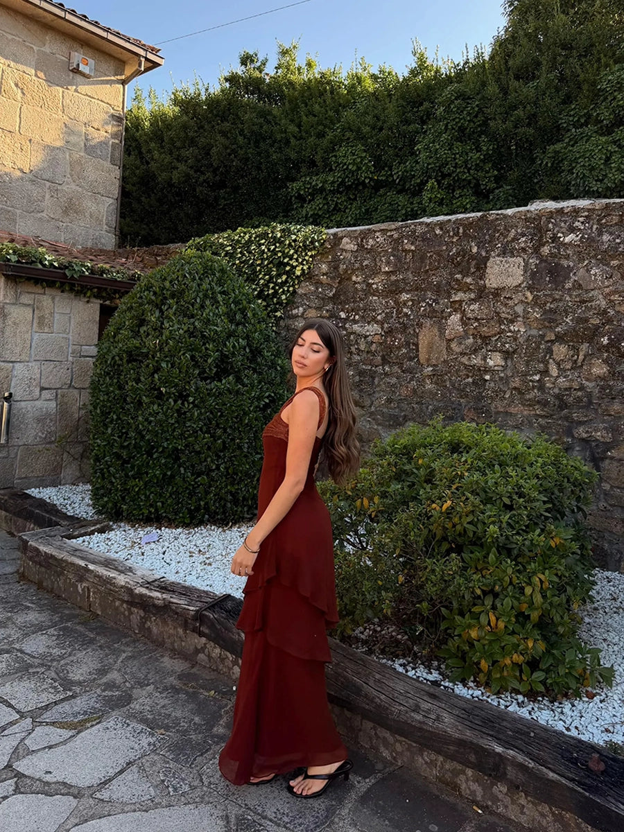 Abalina Sleeveless Cascading Ruffle Skew Collar Maxi Dress