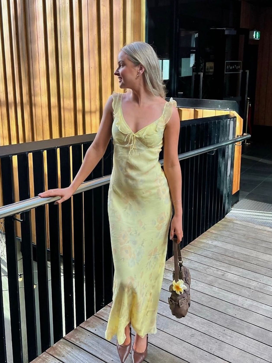 Achinma Vintage Printed Slim Strap Maxi Dress