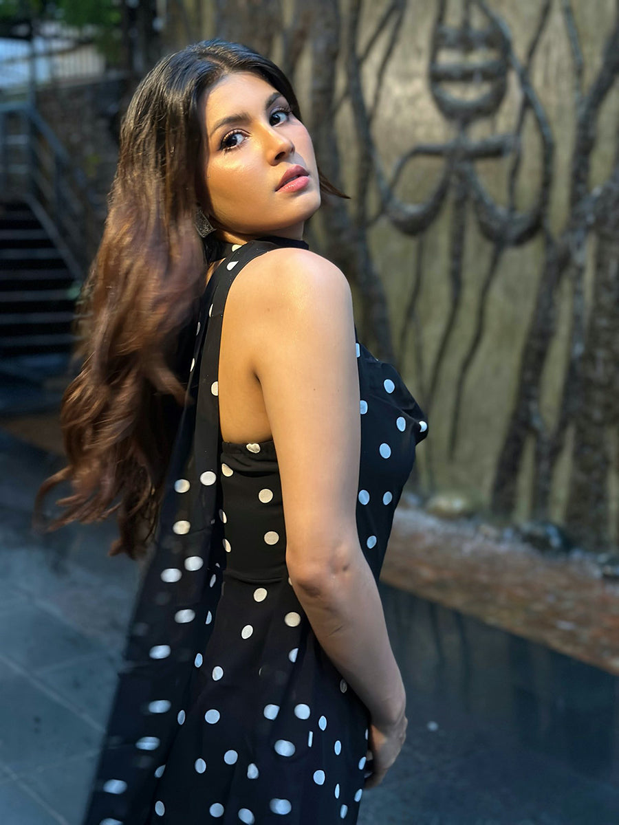 Adelia Sleeveless Polka Dot Scarf Collar Ruffled Maxi Dress