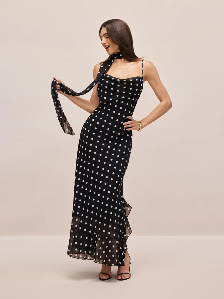 Adelia Sleeveless Polka Dot Scarf Collar Ruffled Maxi Dress