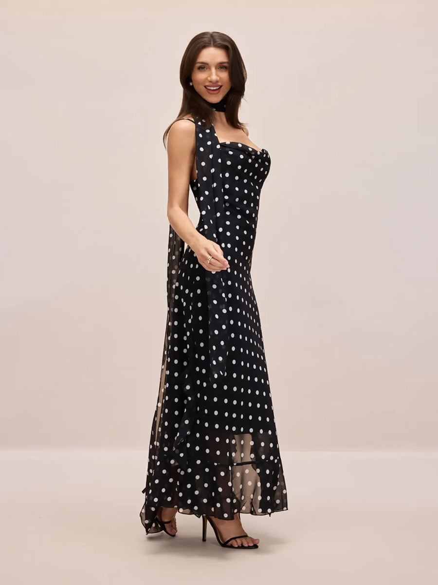 Adelia Sleeveless Polka Dot Scarf Collar Ruffled Maxi Dress