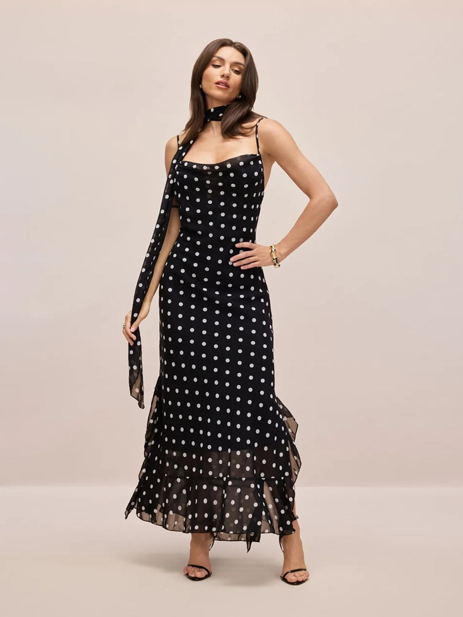 Adelia Sleeveless Polka Dot Scarf Collar Ruffled Maxi Dress