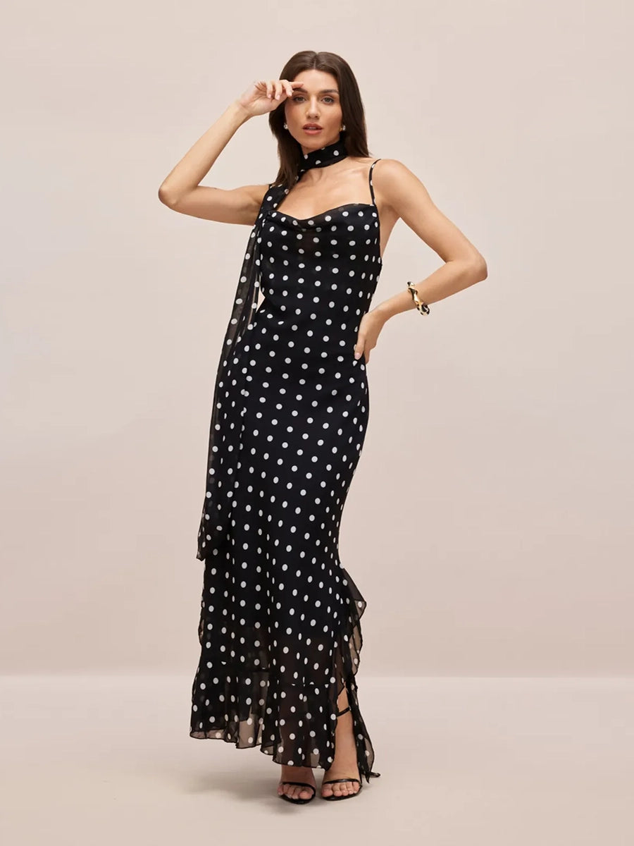Adelia Sleeveless Polka Dot Scarf Collar Ruffled Maxi Dress